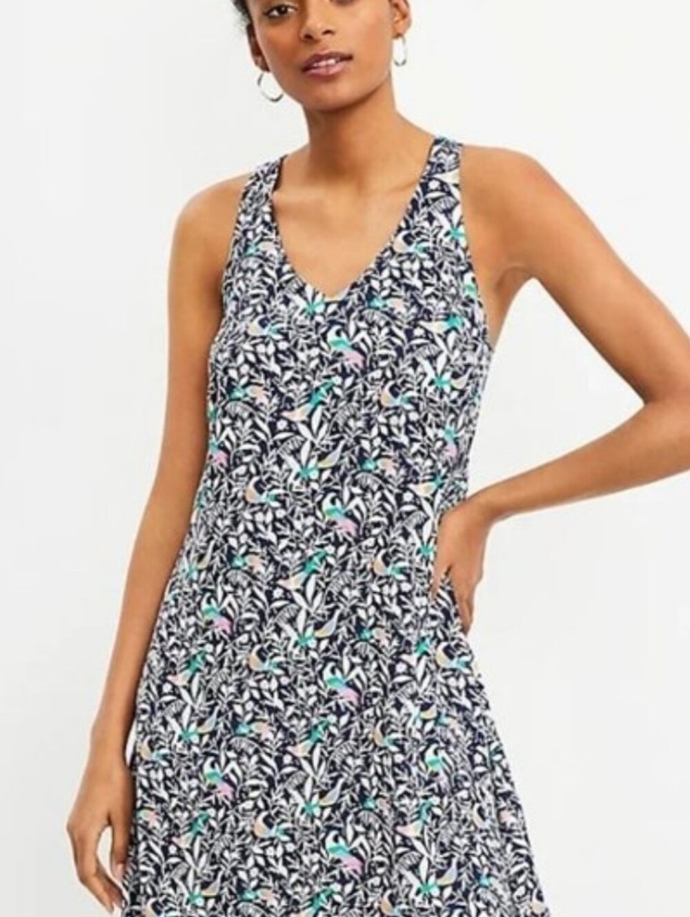 New Loft Tropical Floral Swing Dress Criss Cross Back Shift Lined Lightweight XS